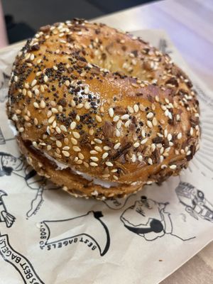 Everything bagel with vegan shmear   at Blazing Bagels in Seattle