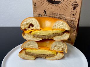 vegan breakfast sandwich on a jalapeño bagel (plated at home) at Blazing Bagels in Seattle