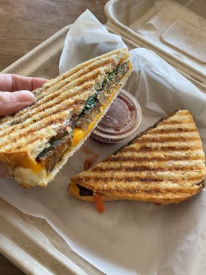 “Vegan Brekkie” organic tempeh, vegan cheddar, spinach and tomato on sourdough with salsa on the side.  at City Lights in Sylva