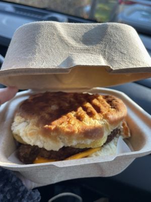 “Build Your Own” Vegan sausage, vegan egg and vegan cheddar on a biscuit.  at City Lights in Sylva