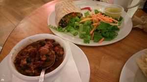 Vegan chili and vegan burrito at City Lights in Sylva