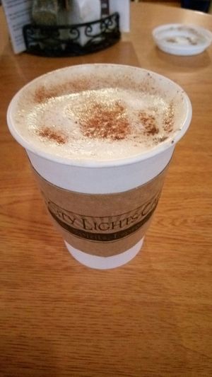 Very tasty pumpkin pie latte, with coconut milk. at City Lights in Sylva