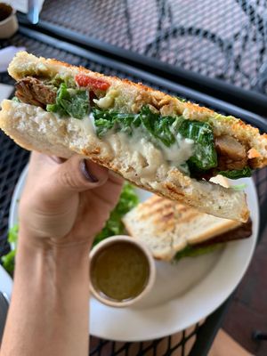 Tempeh panini sub vegan cheese add guacamole. Amazing!! at City Lights in Sylva