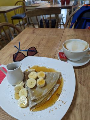 Banana and biscoff sauce buckwheat crepe, + oat flat white at The Flip Side Crepes in Skipton