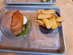 Linda McCartney burger with fries at Smiðjan Brugghús in Vik