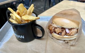 Pulled Jackfruit BBQ Burger with fries  at Smiðjan Brugghús in Vik