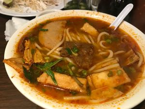 Spicy Pho with vegan ham, tofu, vegan beef slice at Pho Palace in Arlington