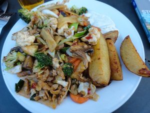 Fried vegetables with 'beef' and potatoes at Sodermanna Vegetariska in Stockholm