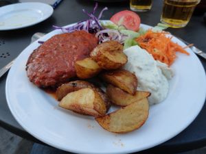 Vegan burger (without bread) and potatoes at Sodermanna Vegetariska in Stockholm
