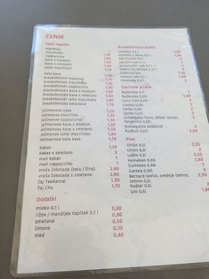 Menu at Kavarna Park in Vrhnika