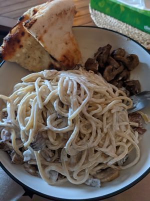 Vegan carbonara, garlic mushrooms and garlic bread at Carlucci Restaurant in Dunfermline