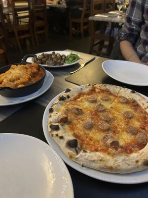 Vegan cheese and sausage pizza (I think Richmond sausage!) with gnocchi and garlic mushies   at Carlucci Restaurant in Dunfermline