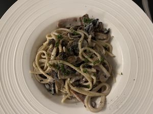 Vegan Spaghetti carbonara  at Carlucci Restaurant in Dunfermline