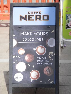 Plant milk advert outside cafe at Caffe Nero in Peterborough