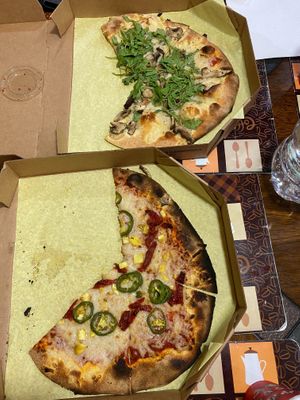 Top pizza was the Arugula mushroom and the bottom one is a custom build, got jalapeños, pineapples, and sun-dried tomatoes. I pick pizza sauce for the base for the custom one.  at Brixx Wood Fired Pizza in Woodbridge