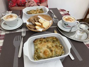 This is zucchini lasagna with a homemade almond milk and arugula pesto. Delicious. Decaf coffee with soya milk. All very reasonably priced.  at Gioia Caffetteria Gastronomia Vegana in Sassari