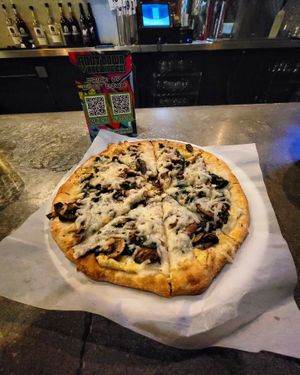 Vegan Blanco Pizza with Mushrooms at Root Down Brewing Company in Phoenixville