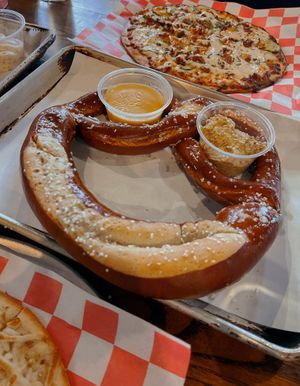 Giant Bavarian pretzel with vegan queso  at Root Down Brewing Company in Phoenixville