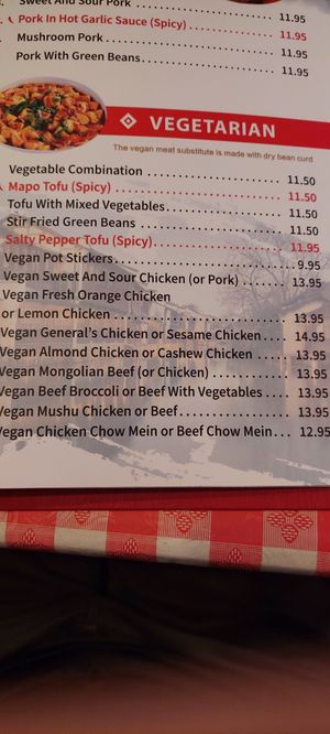 A few vegetarian/vegan dishes are elsewhere on the menu. Most dishes can be veganized by request.  Menu as of March 8, 2023. at China Kitchen in American Fork