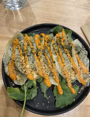 Kale yay dumplings  at Beyond Sushi - Mulberry St in New York City