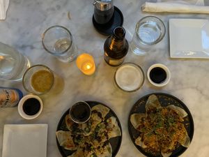 “Beef” and shiitake truffle dumplings at Beyond Sushi - Mulberry St in New York City