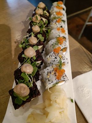Sushi rolls, the left one was the mushroom one at Beyond Sushi - Mulberry St in New York City