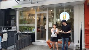 Sampling outside at Beyond Sushi - Mulberry St in New York City