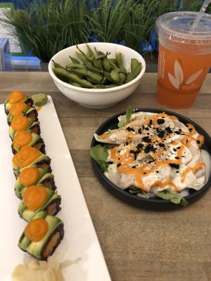 L to R. Pickle Sushi. Edamame. Seasonal Dumplings. Strawberry & Yumi Juice.  at Beyond Sushi - Mulberry St in New York City