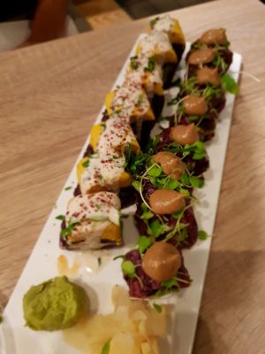 Cheakpea sushi and mushroom sushi at Beyond Sushi - Mulberry St in New York City