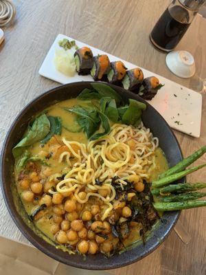 Coconut ramen and fiesta sushi at Beyond Sushi - Mulberry St in New York City