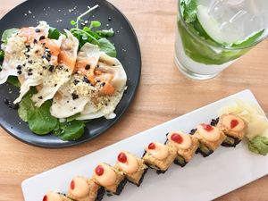 Summer special dumplings - spicy mang rolls - cucumber mint lemonade  at Beyond Sushi - Mulberry St in New York City