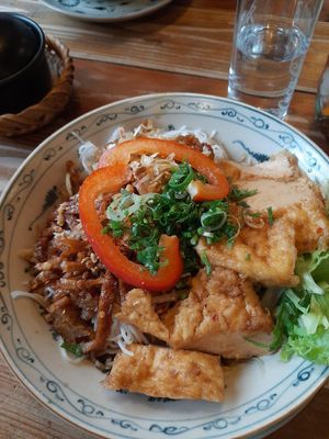 Main no. 64 (wok fried seitan and tofu, glass noodles, salad) at Viet Village in Halle