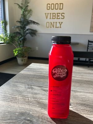 VC Blast - fresh raw cold-pressed juice. Carrot, red apple, pineapple, ginger, red beet, lemon. at Vibe Organic Juice Bar in St Louis Park