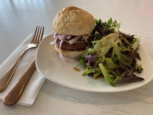 Eden burger with balsamic greens  at Eden Cafe & Bakeshop in Batavia