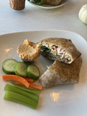The black bean patty wrap with homemade hummus and crudités.  at Eden Cafe & Bakeshop in Batavia