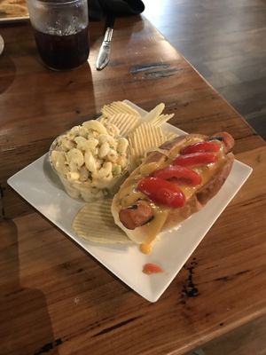 Carrot dog with macaroni salad and chips at Eden Cafe & Bakeshop in Batavia