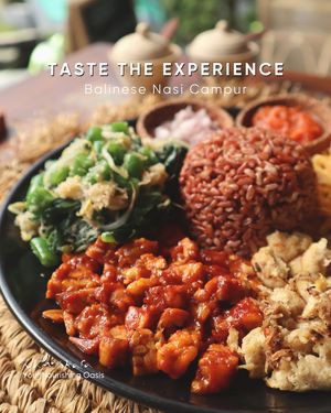 Fill your hunger with a filling and nutritious lunch. 🥗

Red rice with mushroom seitan that are textured like chicken meat and various condiments cooked with Balinese spices. at Namaskara Coffee & Superfoods in Ubud