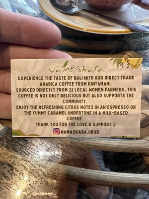 Coffee info card  at Namaskara Coffee & Superfoods in Ubud