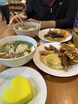 Vegan pho w/ yummy vegan “pork” and our buffet plates  #Veganuary at Au Lac in Da Lat