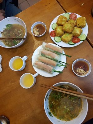 Crispy fried tofu, fresh springrolls, phò at Au Lac in Da Lat