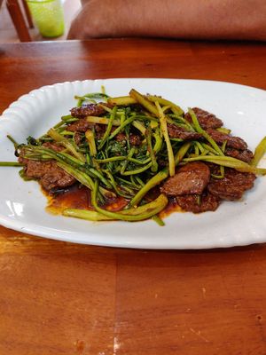 Stir fried spicy morning glory with mock beef at Au Lac in Da Lat