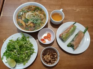 Beef noodle soup and fresh rolls at Au Lac in Da Lat