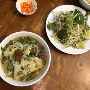 The yummiest food ever!!! Vegan “spicy beef noodle soup” with all the trimmings at Au Lac in Da Lat