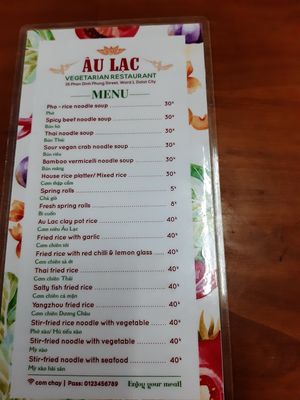 Menu at Au Lac in Da Lat