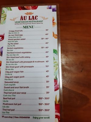 Menu at Au Lac in Da Lat
