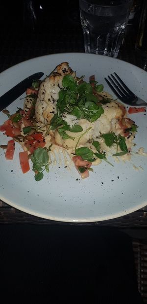 Roasted cauliflour with houmous! Amazing (had started eating so doesn't look as good as it was) at The Swan in Amersham