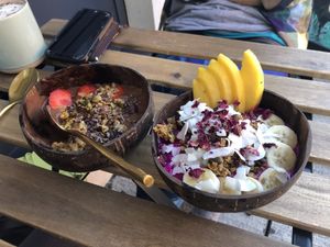 Treat Yo Self and Khaleesi smoothie bowls served in coconut bowls   at Kale+Coco in Dublin