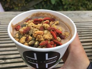 Small smoothie bowl at Vegfest with frozen banana, peanut butter, granola, goji berries, pumpkin seeds  at Kale+Coco in Dublin