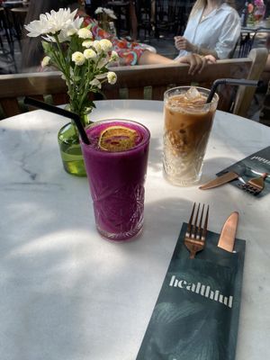 Dragon fruit smoothie and ice coffee🩷  at Healthful in Rotterdam