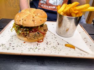 Housemade vegan burger with fries and pints, meal deal for €19.95 at Robs Ranch House in Killarney